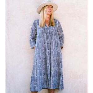 Mes Filles Sadie 100% Cotton Block Print Vegetable Dye Blue White Midi Dress 1 S